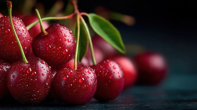 Fresh ripe cherries with water droplets on dark background, closeup of juicy red fruit with green stems and leaves, glistening wet surface in moody lighting, food photography with free copy space