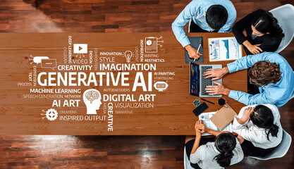 A dynamic office scene showcasing diverse professionals collaborating on generative AI projects,...