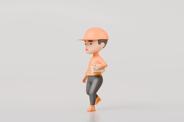 3d Delivery courier man in orange uniform running with holding cardboard box icon. Safe delivery of goods concept. People minimal character. Cartoon minimal style. Online delivery concept. 3d render.