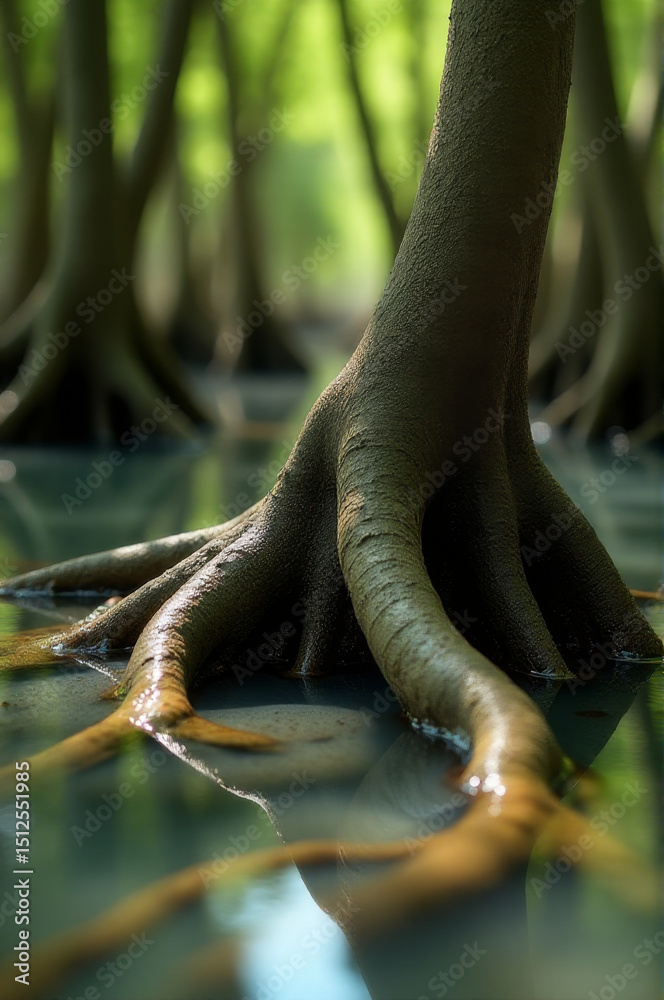 Poster A close-up view of a tree trunk partially submerged in the water, with some aquatic plants and sediment visible