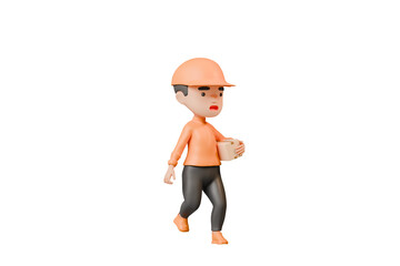 3d Delivery courier man in orange uniform running with holding cardboard box icon. Safe delivery of goods concept. People minimal character. Cartoon minimal style. Online delivery concept. 3d render.