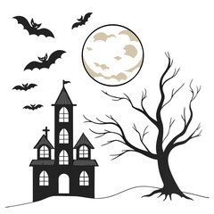 Enchanting full moon and silhouettes of bats with a magical castle creates a halloween night illustration for the festive spooky season celebration