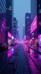 Obraz premium The city street is illuminated by neon lights, creating a vibrant and colorful atmosphere