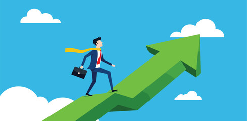 Leadership development, team success or motivation to lead team to reach goal, improvement or progress, growing together concept, businessman and woman team holding hand walk up rising growth