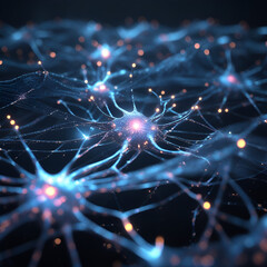 Fototapeta premium The neural network, intricately detailed, and suspended in a dark digital expanse, evokes futuristic sophistication and high-tech elegance. Its sharp lines and luminescent accents blur the virtual and