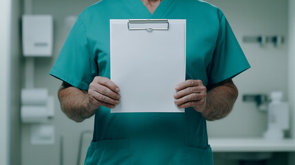 Medical professional holding blank clipboard, ready for notes or information.  Healthcare concept, perfect for medical advice or general updates.