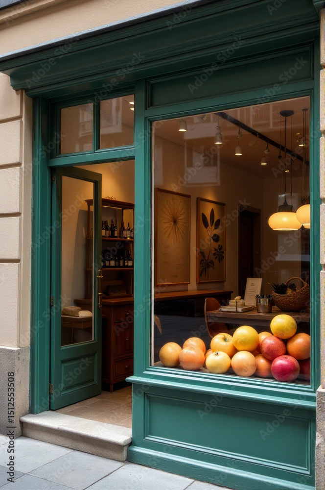 Aufkleber A storefront featuring a colorful display of fresh fruits in the window