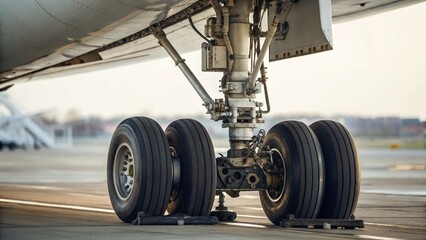 Airplane Main Landing Gear Close Up Heavy Duty Tires and Hydraulic Details