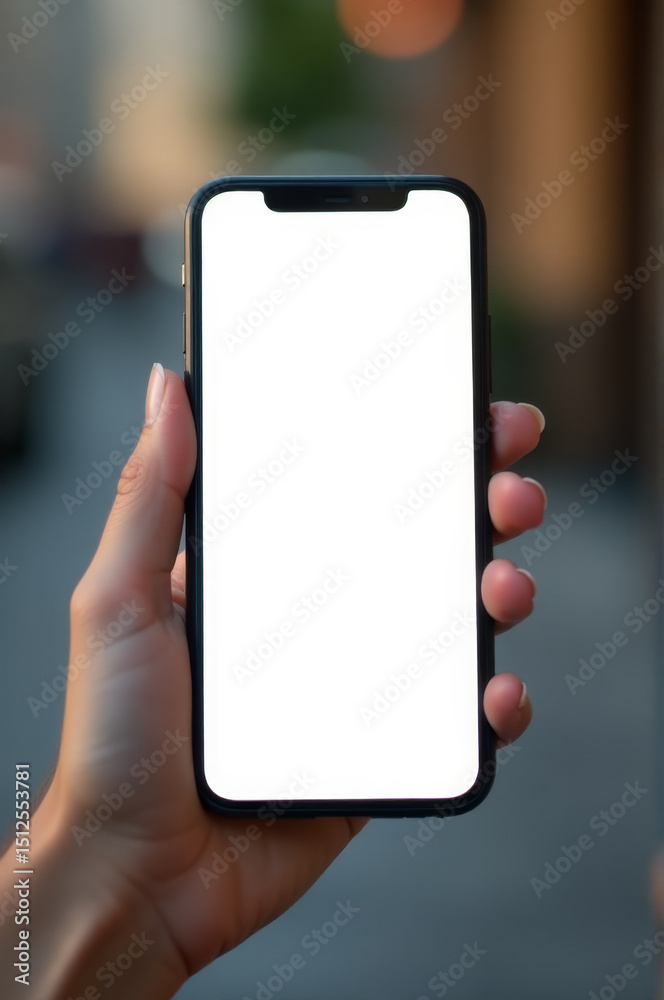 Poster a person holds a cell phone with a blank white screen, perfect for use in articles about technology 
