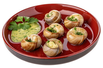 Escargots with garlic butter served in a glossy red ceramic plate, luxurious look, isolated on transparent background.