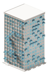 Blue door and window building isometric. 3d rendering.	
