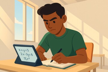 Focused student solving math equations using tablet and notebook at home