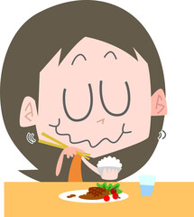 もぐもぐと食事をする女性主線なし