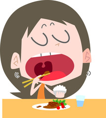 大きく口を開けて食べる女性主線なし