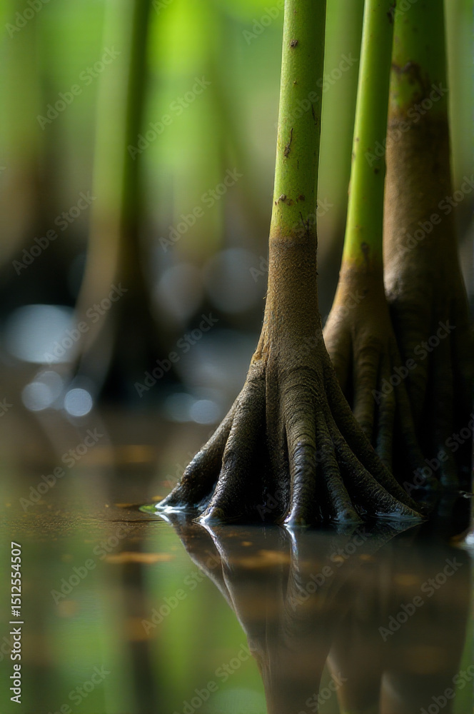 Poster close-up of a tree's exposed roots submerged in water, great for use in environmental or scientific 