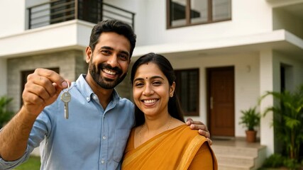 A happy couple holds keys in front of a new home, captured from a front-facing angle, conveying a joyful home-buying moment, ideal for a real estate video. - Powered by Adobe