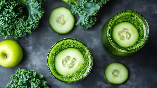 Overhead shot of green smoothies with cucumber garnish kale and green apple on dark surface