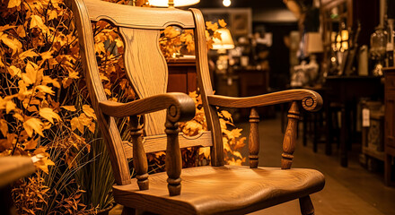Cozy wooden chair surrounded by autumn decor in a warm setting