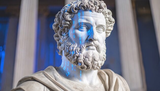 Classical marble statue illuminated by digital binary code evokes the fusion of ancient philosophy with modern technology in cultural heritage and AI discourse