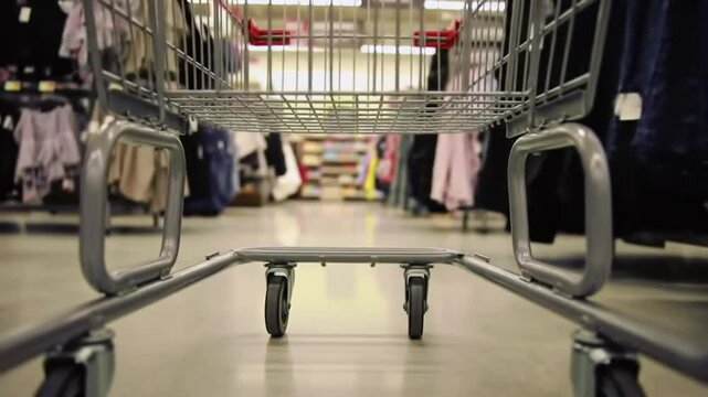 Floor-level moving view from empty metal shopping cart in clothing section