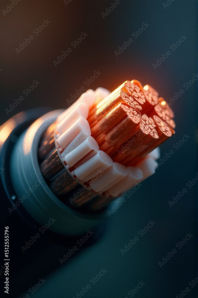 Poster high-angle view of an electrical cable with insulation and copper wires, suitable for industrial or 