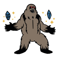 Bigfoot with red eyes and blue crystals