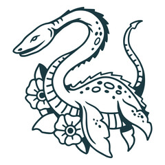 Stylized sea serpent illustration with floral accents