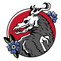Stylized skull dragon emblem with floral accents