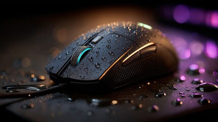 Sleek water-resistant gaming mouse with turquoise LED light covered in water droplets on dark reflective surface with purple bokeh background