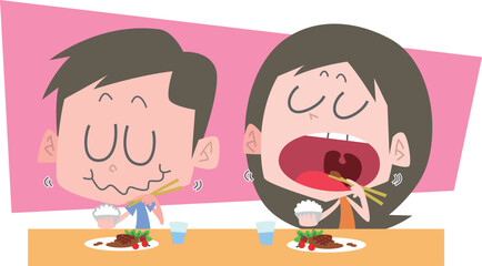 もぐもぐと食事をする男女主線なし