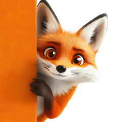 Obraz premium Cute fox cartoon character peeking from behind an orange wall on isolate background