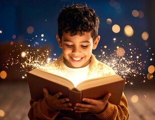 Child reading a magical book