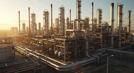 Fototapeta premium Extensive industrial refinery with numerous towers and complex piping. 