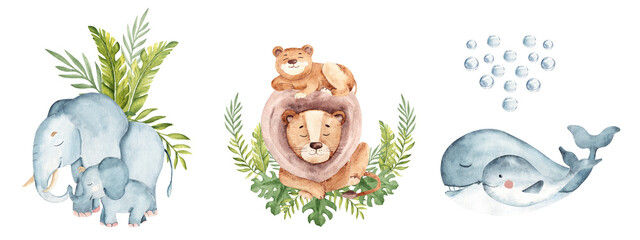 Obraz premium Set of Wild animals families with tropical leaves compositions. Cute elephant, lion and whale baby and adults. Watercolor hand drawn illustrations isolated on white background. For kid cards and