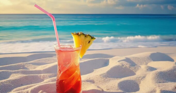 Colorful summer drink with pineapple on beach