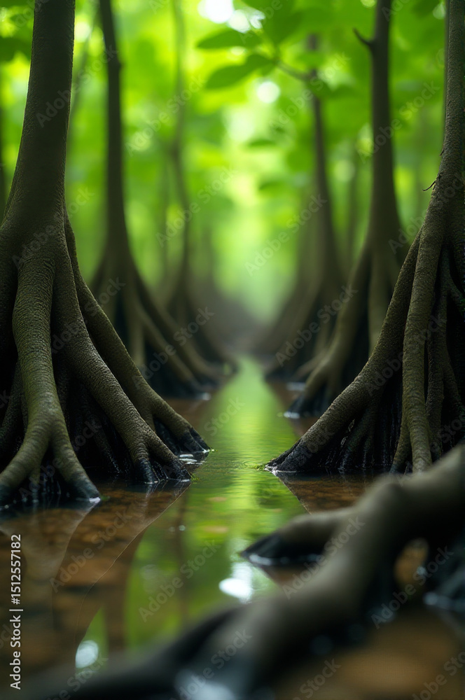 Poster stream flows through dense forest surrounded by tall trees
