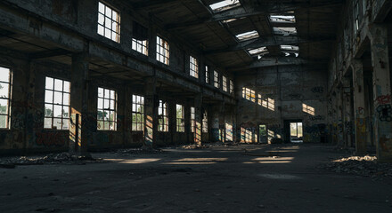 Dilapidated abandoned industrial building, light filtering through windows.
