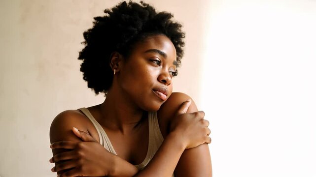 A serene video close-up of a woman embracing herself, eyes closed, against a soft background, conveying self-love and tranquility.