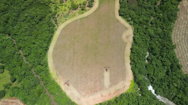 landscape, river, vegetation, nature, green, planting, soy, corn, machines, working, farm, Brazil,