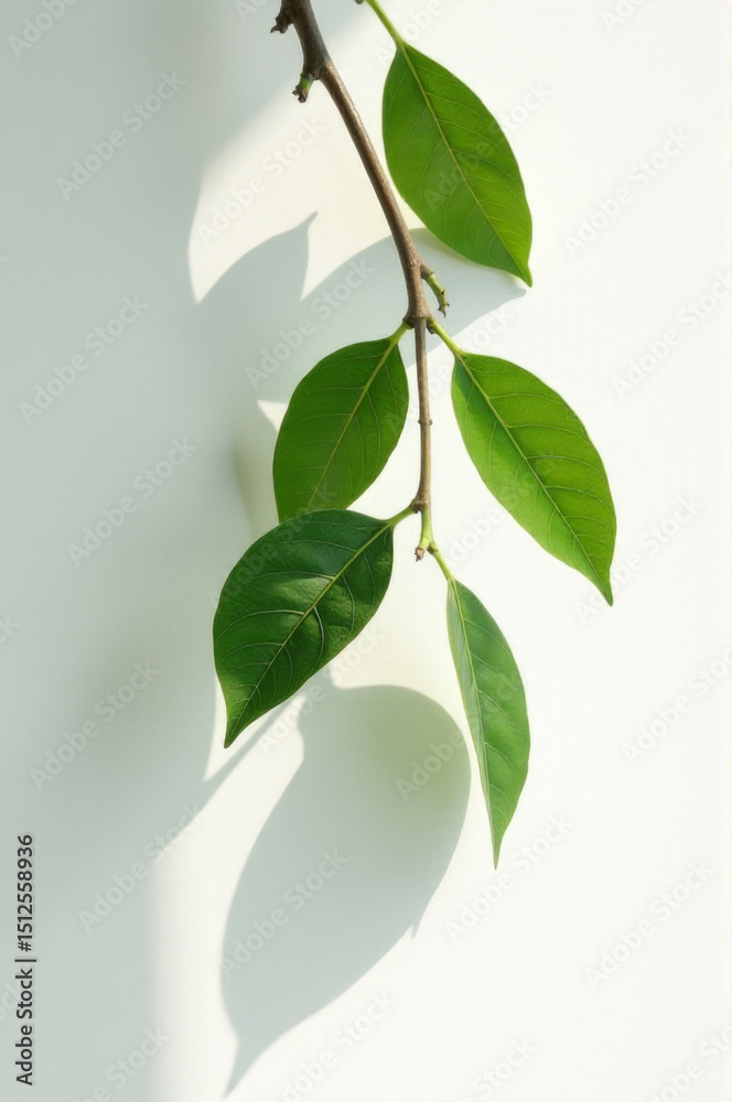 Poster a natural branch with green leaves on a clean white surface, suitable for backgrounds or design elem
