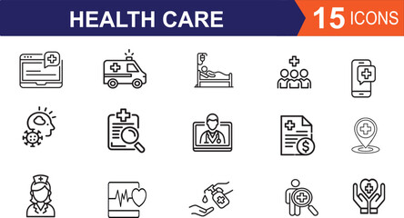 Medical Healthcare silhouette lineart icon set containing emergency, doctor, treatment, medical, report, diagnosis, health, prevention.	