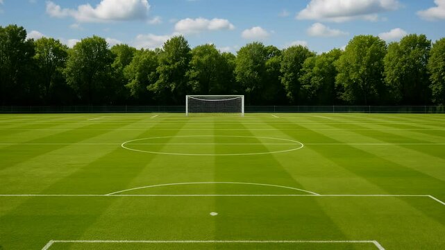 Wide-angle view of an empty soccer field with lush green grass and a goalpost, perfect for a sports video backdrop, shot from a low angle. Live desktop wallpaper.