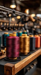 Vibrant colorful thread spools arranged on wooden textile machine in traditional garment factory workshop with warm ambient lighting and industrial sewing equipment