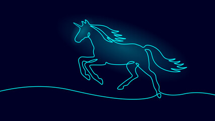 Black horse jumps gracefully. Mane tail and legs detailed with smooth continuous line. Simple line art style with plain blue background vector illustration.