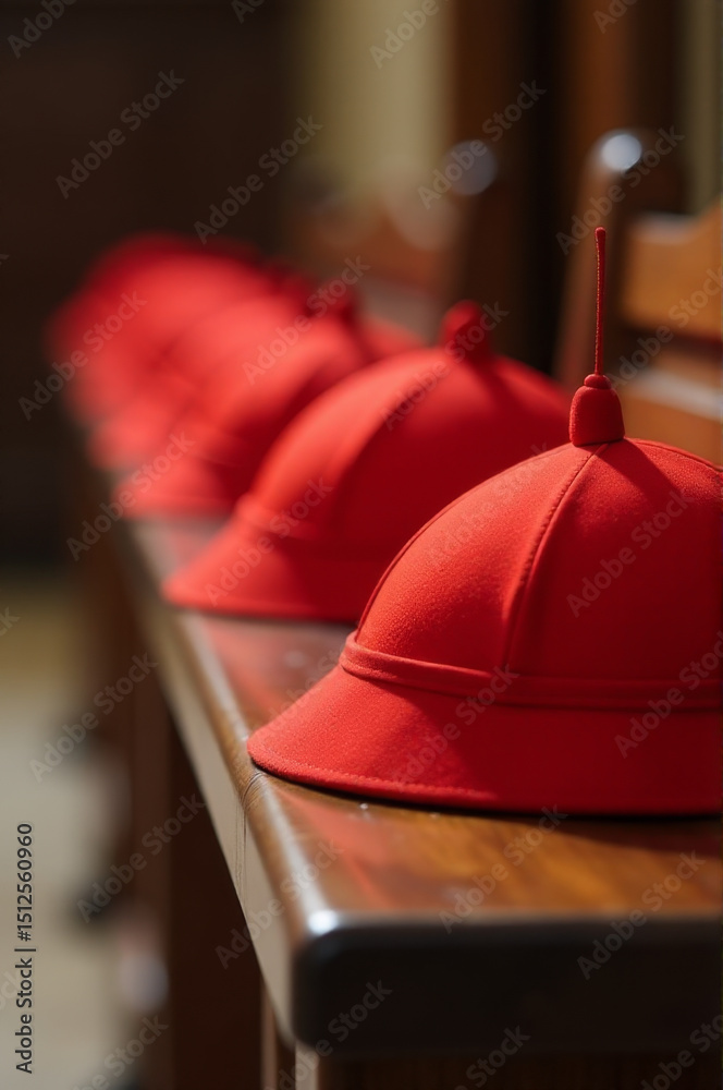 Poster a row of red hats sitting on a wooden bench, ideal for use in photography, decoration or still life 