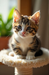 A small kitten sitting at the top of a cat tree, looking out