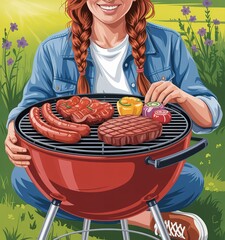 Outdoor Barbecue with Grilled Meat and Vegetables Being Prepared