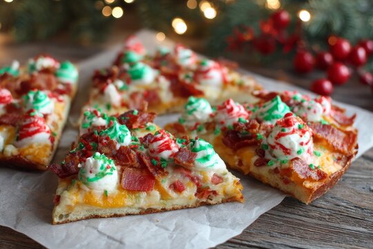 Delicious slices of Christmas bacon pizza topped with cream cheese frosting and sprinkles.