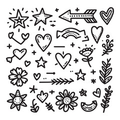 cute glitter pen line elements. Heart, arrow, star, sparkle decoration symbol set. Simple sketch line style emphasis, attention, effect hand drawn shapes. Vector illustration 