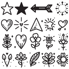 cute glitter pen line elements. Heart, arrow, star, sparkle decoration symbol set. Simple sketch line style emphasis, attention, effect hand drawn shapes. Vector illustration 